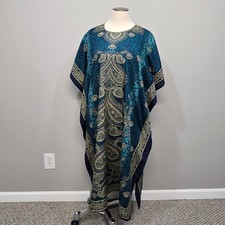 Gypsie Blu Caftan One Size Teal Gold Paisley Kaftan Maxi Patio Dress Boho Resort