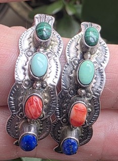 VTG OLD PAWN NATIVE NAVAJO STERLING SILVER w/ MULTI STONE UNIQUE DESIGN EARRINGS