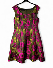Nine West Floral Fit & Flare Dress Size 12 Olive Magenta Pleated Cocktail Dress