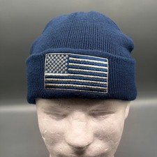 American Flag Beanie Men's Knit Hat Navy Blue Winter Skullcap USA
