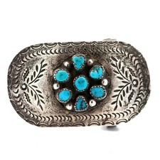 Vintage Sterling Silver Turquoise Hand Etched Floral Pattern Belt Buckle