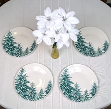 Set Of 4 Royal Norfolk Green White Pine Trees Snow 10.5" Dinner Plates Christmas