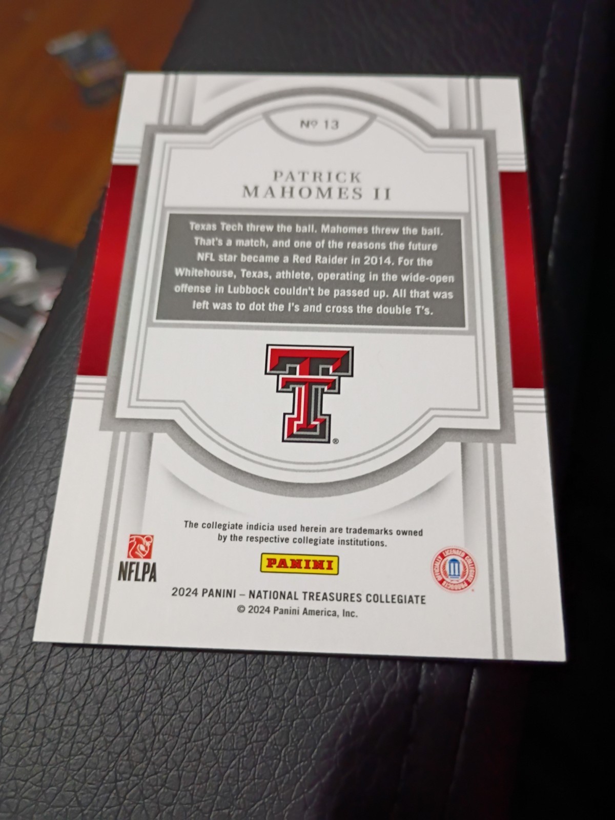 2024 Panini National Treasures Collegiate Patrick Mahomes II Red Color Match /50 view 3
