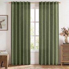 Faux Linen Curtains 84 Inch Length 2 Panels Natural Olive Green Semi Sheer Cu...