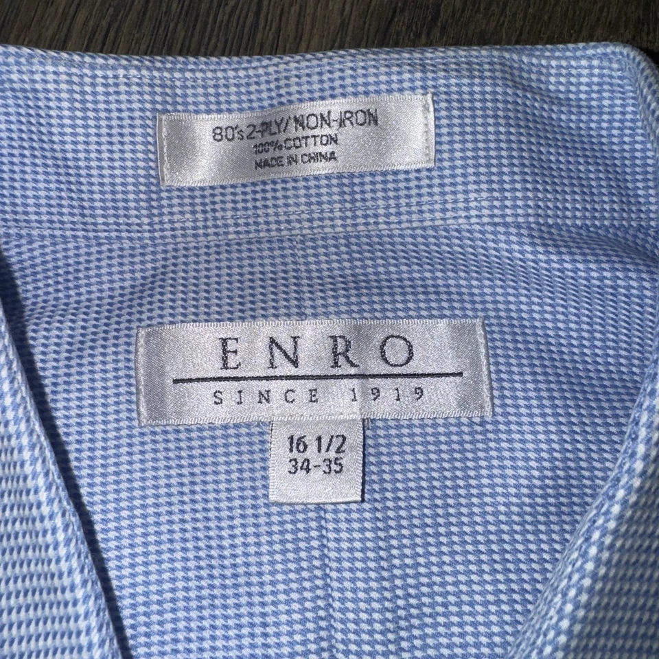 Camisa de vestir ENRO para hombre manga larga azul a cuadros talla 16,5/34-35 100 % algodón sin planchar Foto 3 de 4