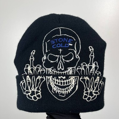 Stone Cold Skull Embroidered Beanie Black Knit Hat One Size
