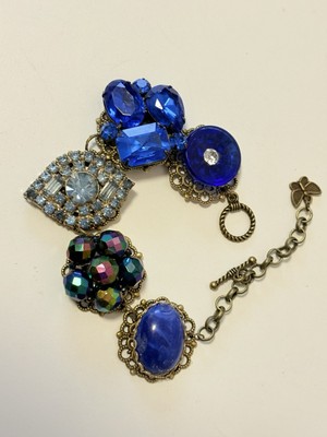 Vtg Bracelet Clip Earring Charm Style Deep Blue Tones Upcycled Adjustable Gift J