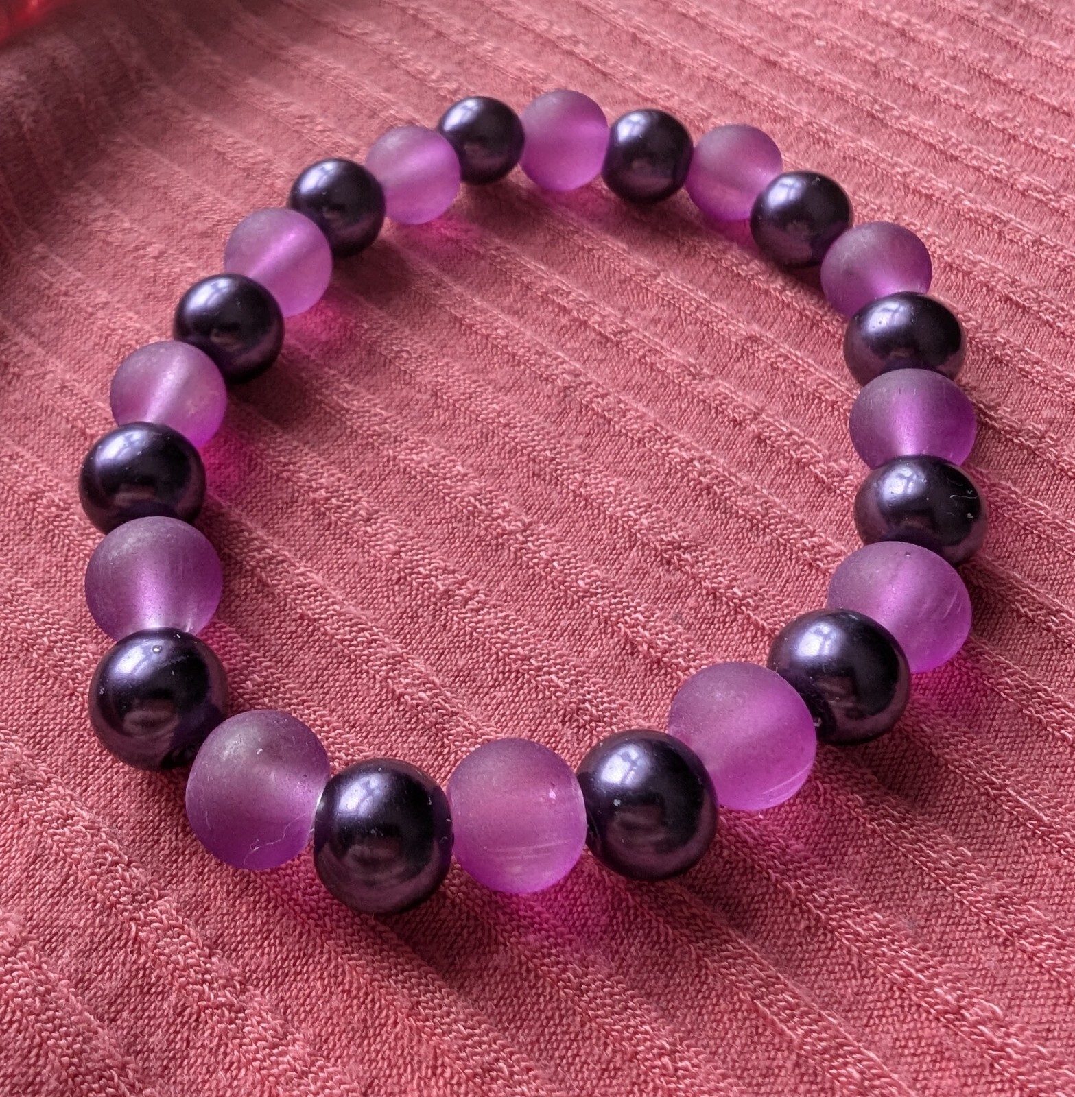 Purple Violet Pearl Frosted Glass Stretch Elastic Adjustable Bracelet