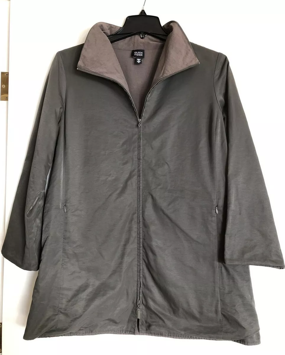 EILEEN FISHER Olive Green Long Jacket Trench Coat M 2-Way Zip Funnel Neck L/S