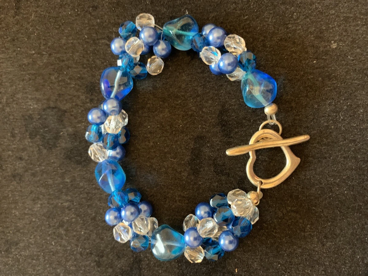 silver coloured metal blue glass bead vintage T bar bracelet