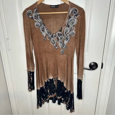 Y2K Vocal Brown Black Tie Dye Ombre Bling Swirl Pattern Longsleeve Tunic Fairy