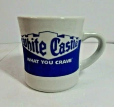 White Castle Coffee Mug What You Crave White Blue Hamburger Chain Advertising