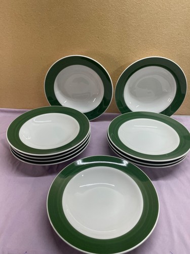 Williams Sonoma Brasserie Soup Dinner Bowls set of 10 Green Trim good cond.