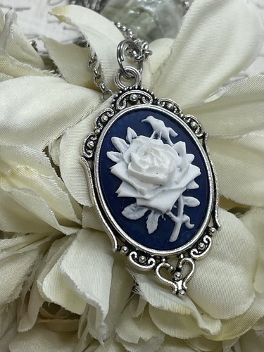 Silver Navy Blue Celtic Irish Rose Heart Wedding Jewelry Birthday necklace Cameo - Picture 6 of 10