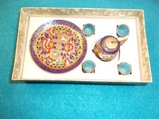 EXTRAORDINARY N/M VTG MINIATURE CLOISONNE ENAMEL  GOLD TEA SET, IN ORIGINAL BOX
