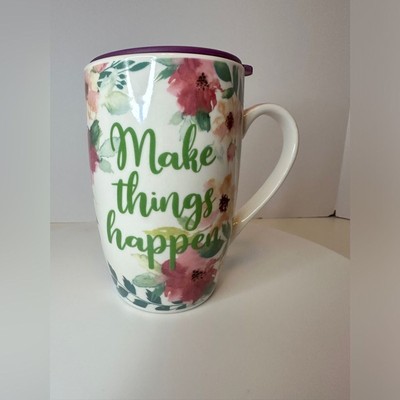 Floral MAKE THINGS HAPPEN Ceramic Travel Mug NWOT 16oz Coffee Tea Mug Cup
