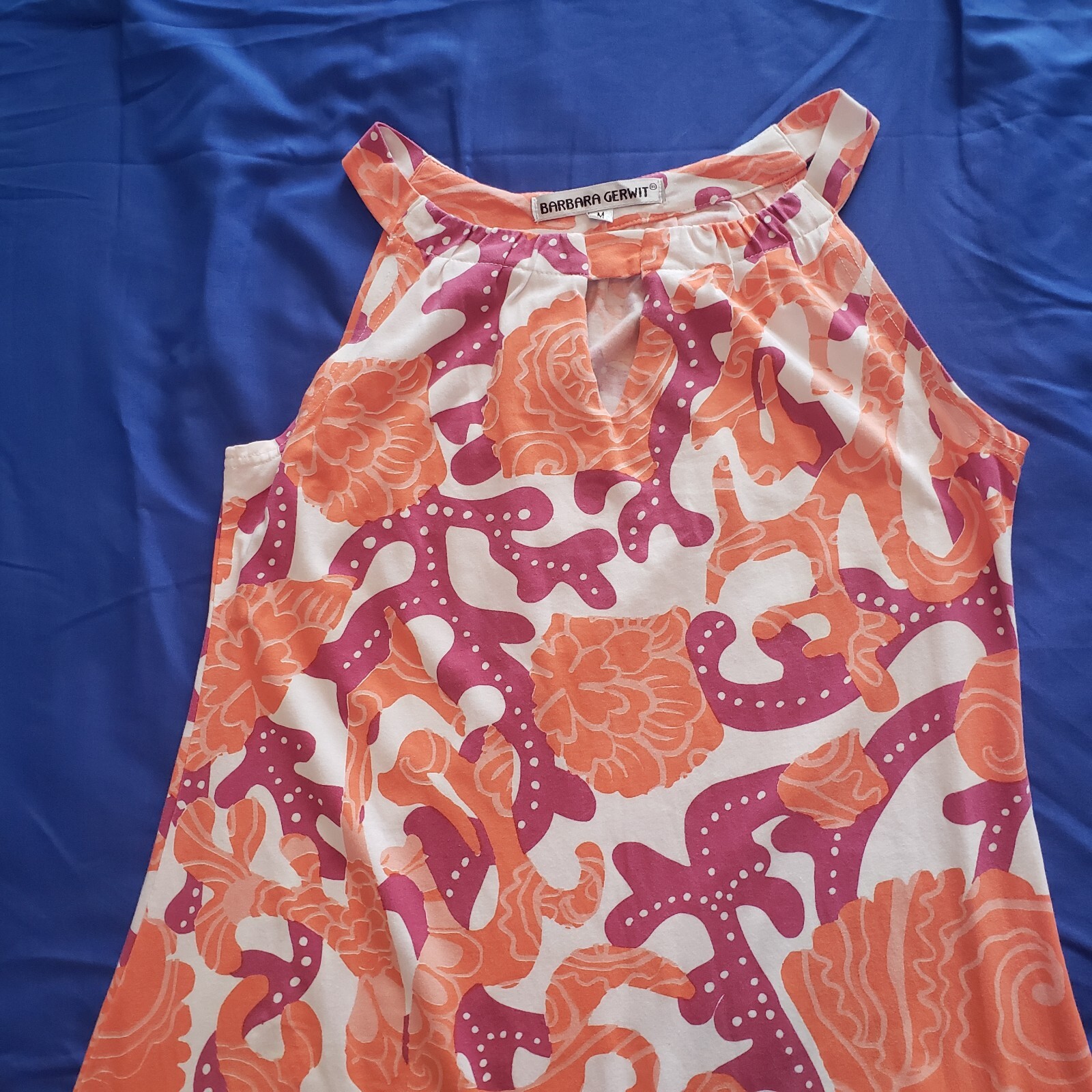 Barbara Gerwit Coral Freeform Print Halter Shift Dress Cotton Stretch Size M