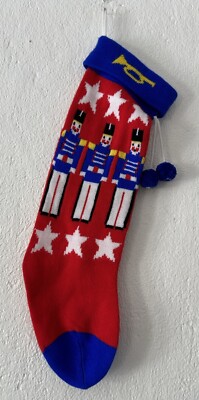 Vintage Christmas Stocking Acrylic Knit Red Blue Toy Solider Pom Poms Taiwan