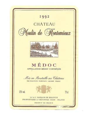Weinetikett Château Moulin de Hontemieux 1992, Pavillon de Bellevue, Ordonnac