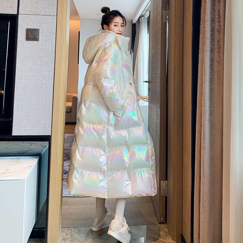 Women's coat padded long down hooded waterproof shiny warm