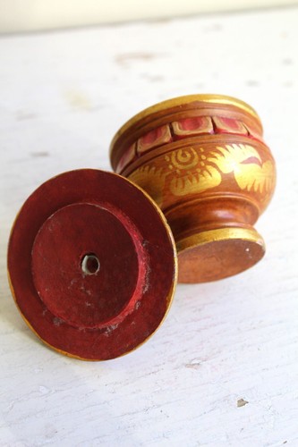 Hand Painted Round Wood Jar Trinket Treasure Box Gold Red Tibetan Style Wooden - Picture 5 of 6