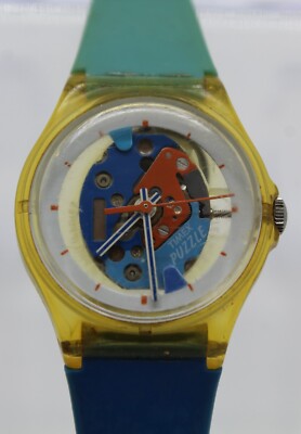 Timex Analog Quartz Puzzle Watch France Yellow Tone blue cyan strap See Through