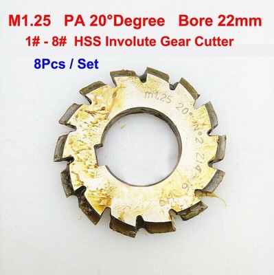 8Pcs/Set HSS M1.25 Bore 22mm PA 20°Degree #1#2#3#4#5#6#7#8 Involute Gear Cutter