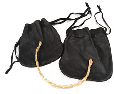VTG Black Leather Drawstring Pouch Bag Pair - Lot 2 w Braided Dried Grass 7.5"
