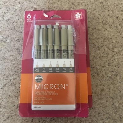 NEW Sakura Pigma MICRON Pens 6-pk Fine/Bold Line BLACK 01 02 03 05 08 005