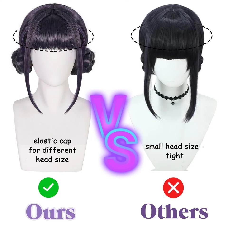 Peluca negra morada con 2 moños pelo corto negro púrpura doble trenzado moños para... Foto 3 de 4