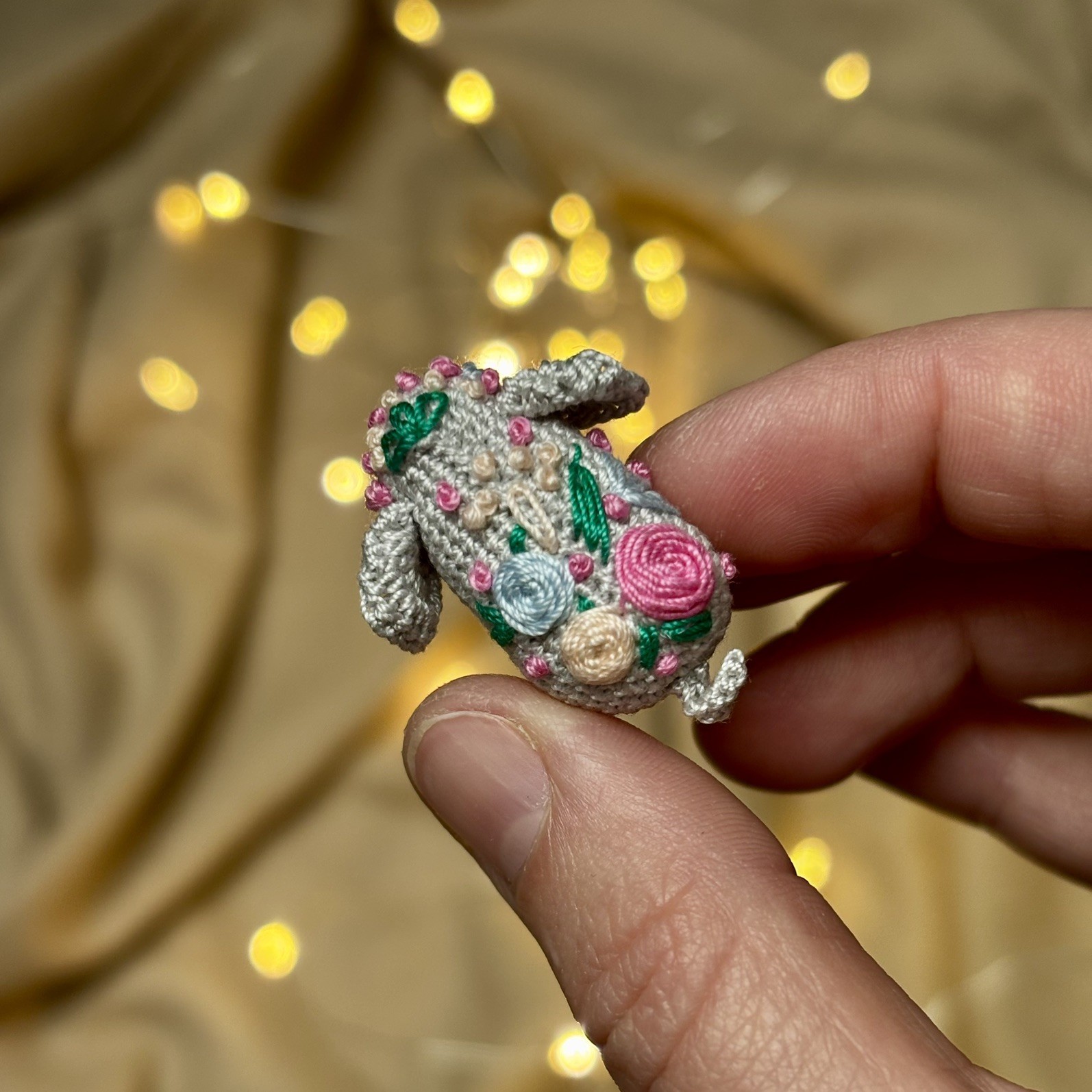 Grey Micro Crochet Elephant with Embroidery – Tiny Amigurumi Collectible 