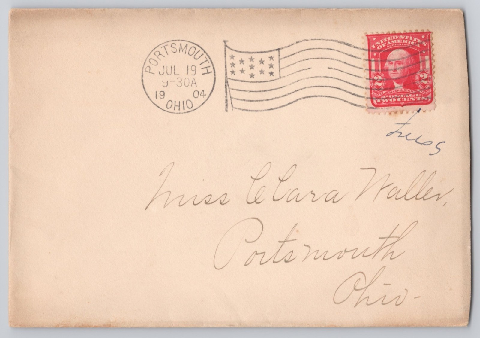 Portsmouth, Ohio, 2¢ Washington with flag cancel, Un, addressed