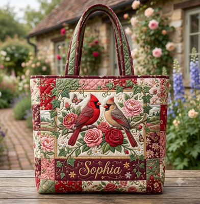 Personalized Cardinal Couple Quilted Tote Bag Rose Garden Gift