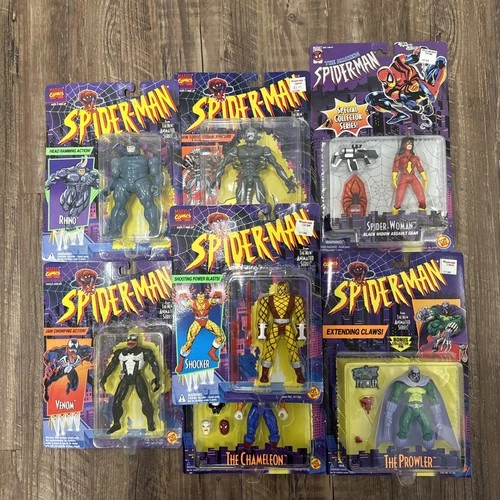 7 Vintage 1990s Spider-Man Action Figures Sealed On Cards
