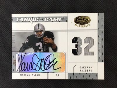 2003 LEAF CERTIFIED Fabric of the Game JSY Auto MARCUS ALLEN Raiders HOF 17/32