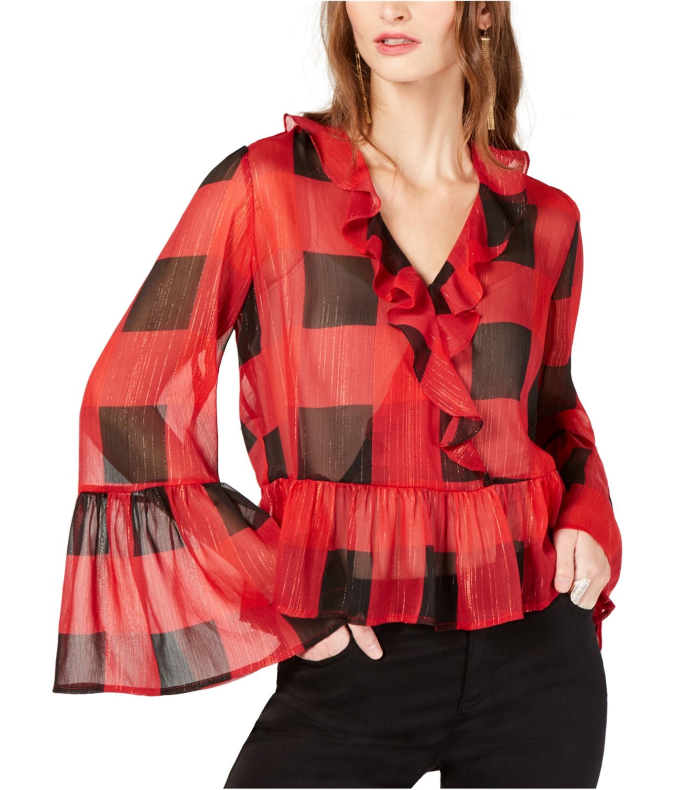 ALTRA I.N.C Blusa Pullover Donna con Ruffle Rosso L