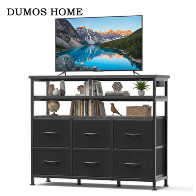DUMOS HOME TV Stand for Up to 45 IN TV,w/6 Fabric Drawer&LED Lights&Power Outlet