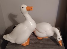 Pair Large White Ceramic Duck Goose Vintage Good Condition 14   6" EUC