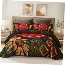3 Piece Colorful Floral Black Quilt Bedding Sets - King Crimson Shadow - Crimson