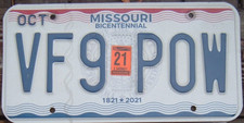 MISSOURI 2021 license plate  VF9 POW   Prisoner of War