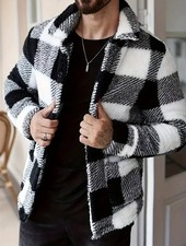 New Mens Winter Black And White Buttoned Plaid Fleece Jacket Very Soft Fluffy L