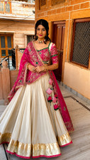 Readymade Roman Silk White Lehenga Choli Heavy Embroidery Work Pink Dupatta Set