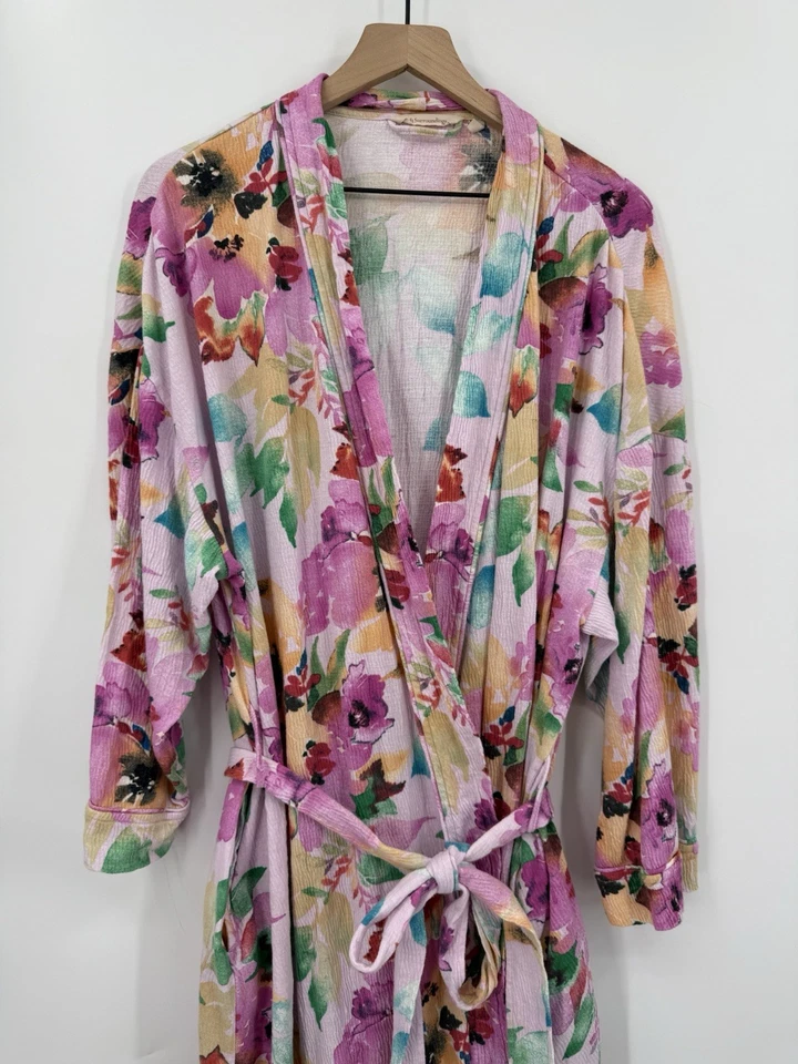 Soft Surroundings Bathrobe Womens 1X Pink Floral Robe Wrap Cotton Sleep Lounge - Image 2 of 4
