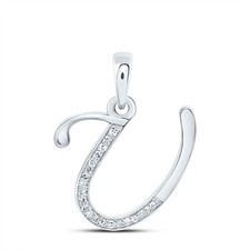10K White Gold Baguette Diamond Pendant Women's Script Font Initial U 1/10 CT