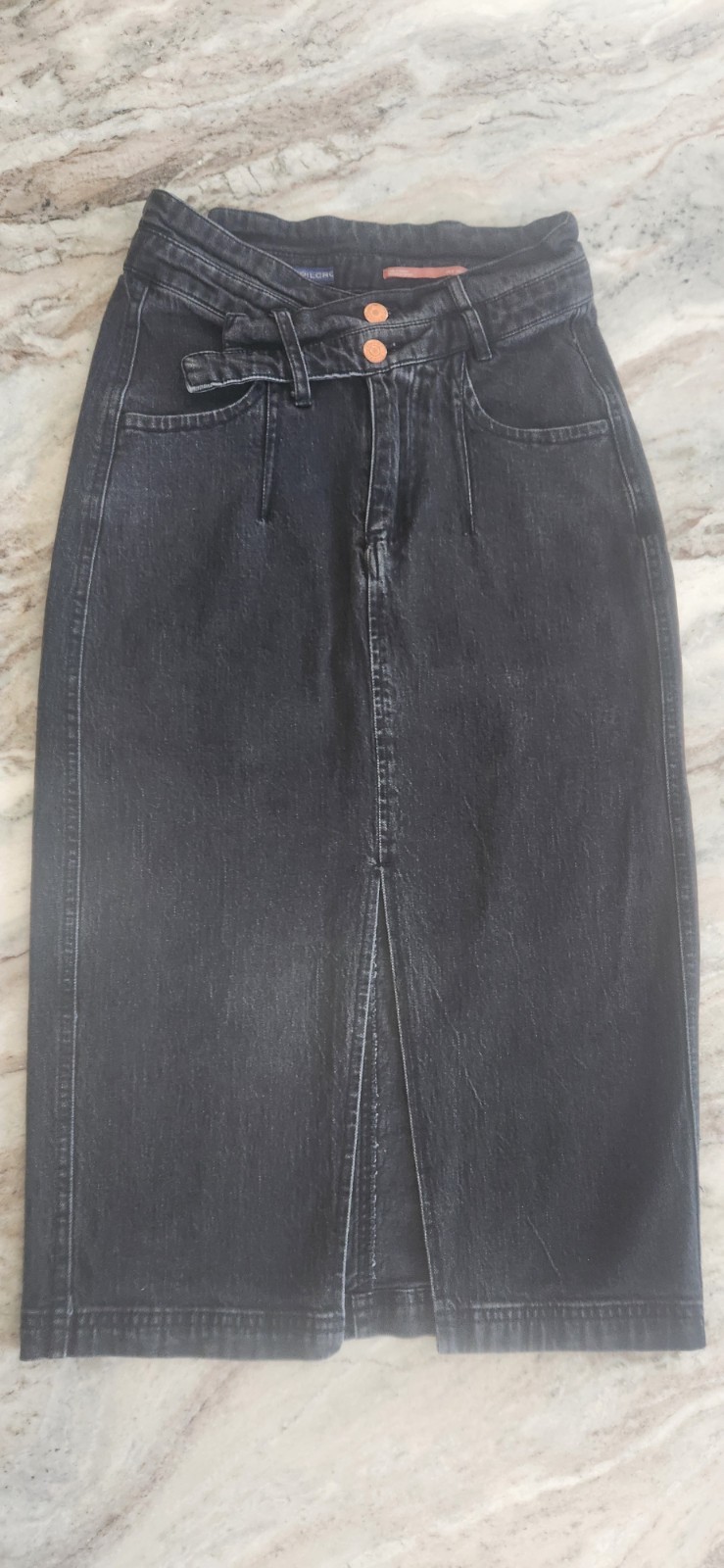 Pilcro for Anthropologie Dark Wash The Arden Midi Denim Double Waist Skirt Sz 2