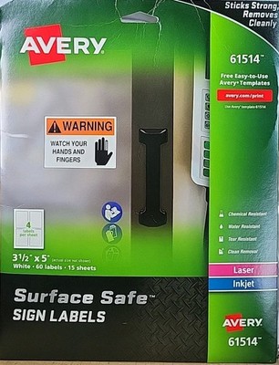 Avery 61514 Surface Safe Sign Labels LASER/INKJET WHITE ~3 1/2'' X 5'' ~ 60 Labels