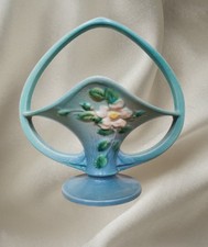Roseville White Rose Basket Blue 363-10 1940 Excellent Condition 