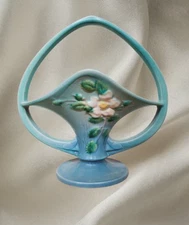 Roseville White Rose Basket Blue 363-10 1940 Excellent Condition 
