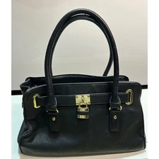 Charming Charlie Black Satchel Handbag Purse Faux Leather Gold Lock Charm