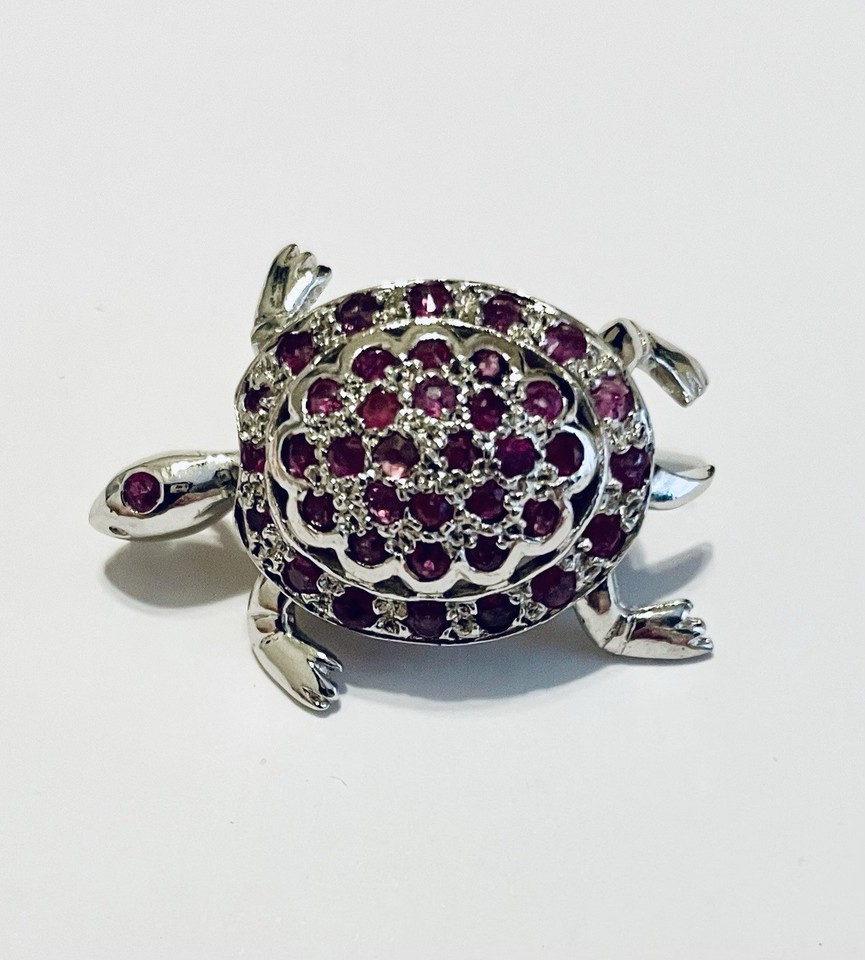 Pink Sun Pattern Vintage ND 925 Sterling Silver Ruby Articulated Kinetic Turtle Brooch ...
